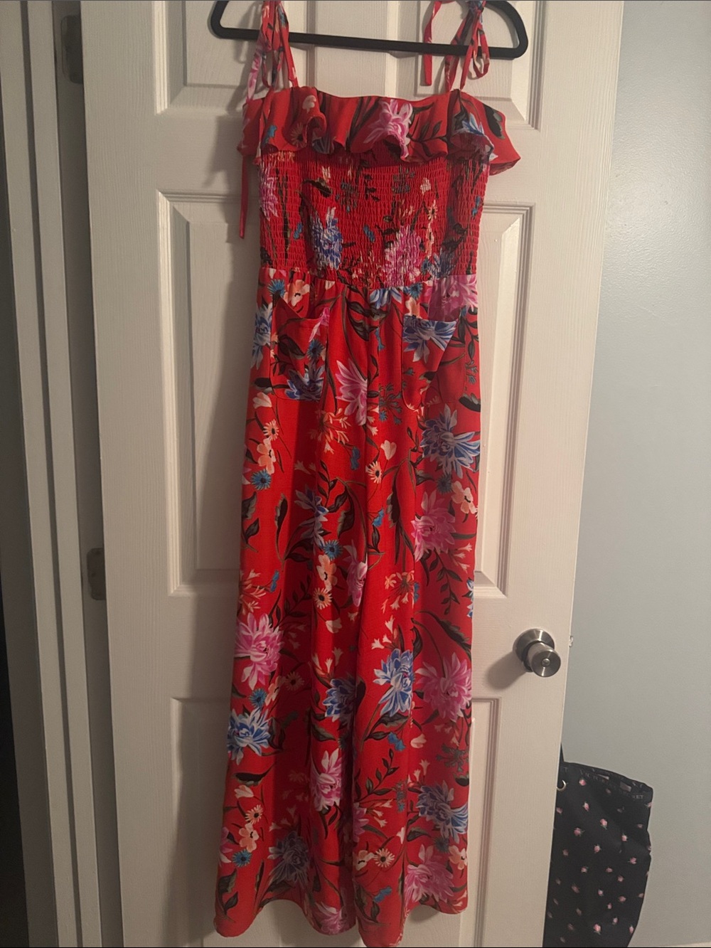 Red Floral Maxi jumper with pockets and with Ruffled Bodice